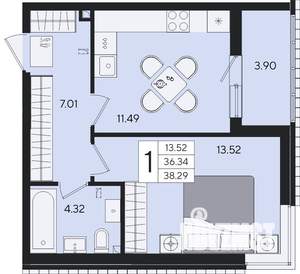 1-к квартира, вторичка, 38м2, 2/8 этаж