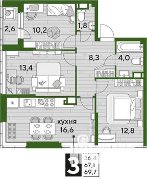3-к квартира, строящийся дом, 70м2, 15/16 этаж