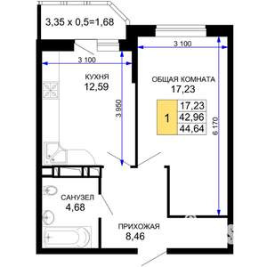 1-к квартира, вторичка, 45м2, 14/19 этаж