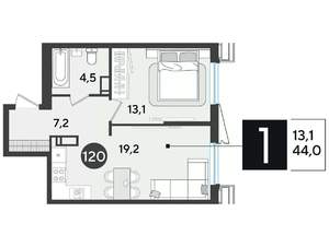 1-к квартира, строящийся дом, 43м2, 15/18 этаж