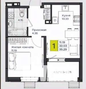 1-к квартира, вторичка, 35м2, 7/18 этаж