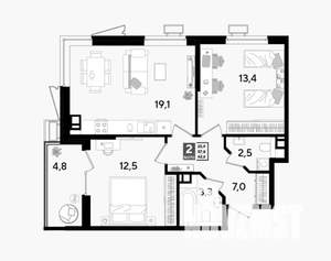2-к квартира, строящийся дом, 63м2, 4/9 этаж