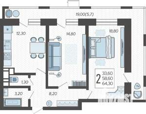 2-к квартира, вторичка, 65м2, 6/12 этаж