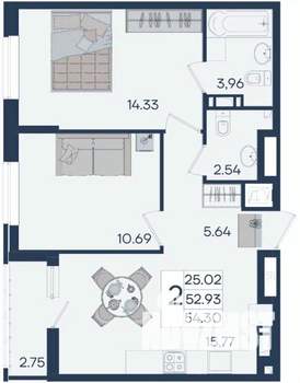 2-к квартира, вторичка, 54м2, 11/18 этаж