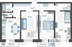 3-к квартира, строящийся дом, 86м2, 1/12 этаж