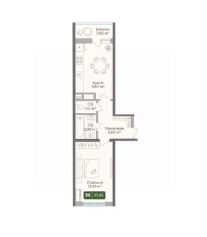 1-к квартира, вторичка, 38м2, 4/10 этаж