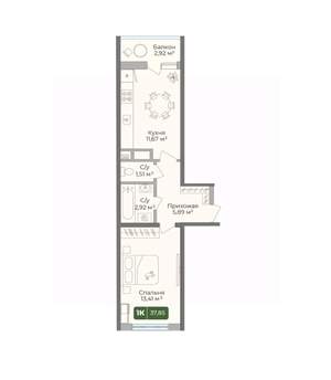 1-к квартира, вторичка, 38м2, 1/10 этаж
