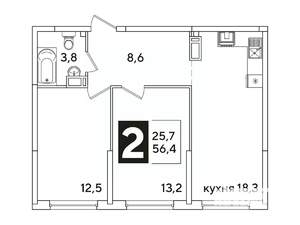 2-к квартира, вторичка, 56м2, 15/16 этаж