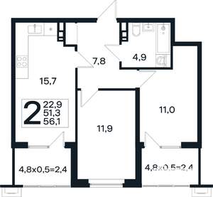 2-к квартира, вторичка, 56м2, 2/4 этаж