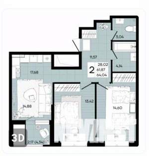 2-к квартира, вторичка, 68м2, 9/18 этаж
