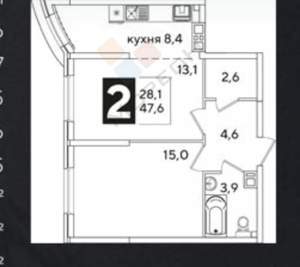 2-к квартира, вторичка, 48м2, 7/16 этаж