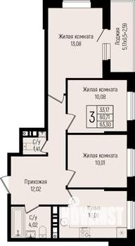 3-к квартира, вторичка, 63м2, 5/15 этаж