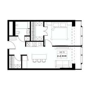 2-к квартира, строящийся дом, 46м2, 16/19 этаж
