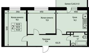 2-к квартира, вторичка, 61м2, 2/3 этаж