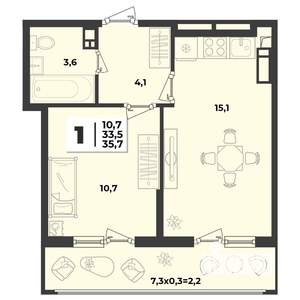 1-к квартира, строящийся дом, 36м2, 3/9 этаж