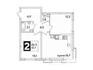 2-к квартира, вторичка, 61м2, 3/16 этаж
