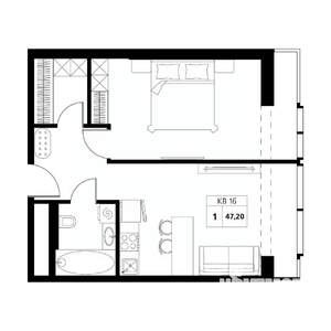 2-к квартира, строящийся дом, 47м2, 13/19 этаж