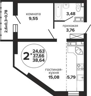 1-к квартира, вторичка, 39м2, 2/24 этаж