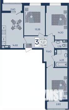 3-к квартира, вторичка, 74м2, 8/18 этаж