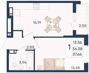 1-к квартира, вторичка, 38м2, 8/18 этаж