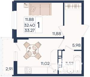 1-к квартира, вторичка, 33м2, 3/18 этаж