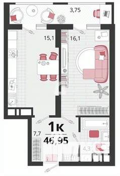 1-к квартира, вторичка, 47м2, 7/18 этаж