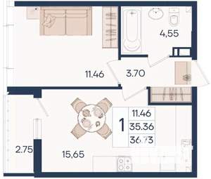 1-к квартира, вторичка, 37м2, 7/18 этаж