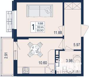 1-к квартира, вторичка, 33м2, 6/18 этаж