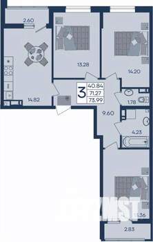 3-к квартира, вторичка, 74м2, 9/18 этаж