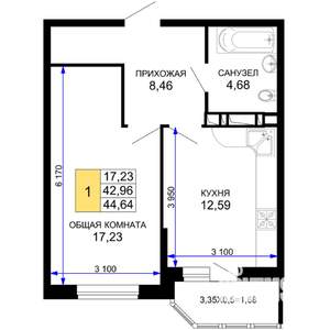 1-к квартира, вторичка, 45м2, 6/19 этаж