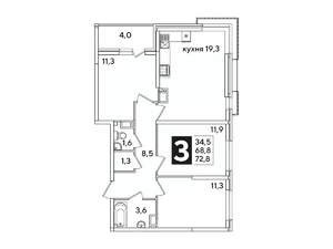 3-к квартира, вторичка, 73м2, 11/16 этаж