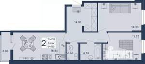 2-к квартира, вторичка, 65м2, 2/18 этаж