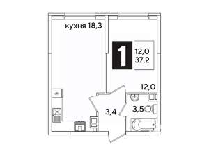1-к квартира, вторичка, 37м2, 2/16 этаж