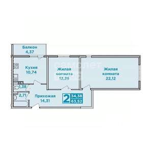 2-к квартира, вторичка, 64м2, 7/18 этаж