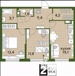 2-к квартира, вторичка, 59м2, 10/19 этаж