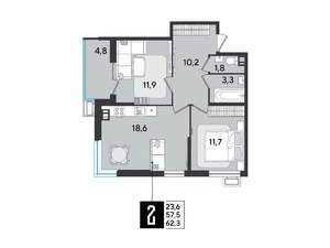 2-к квартира, вторичка, 62м2, 8/9 этаж