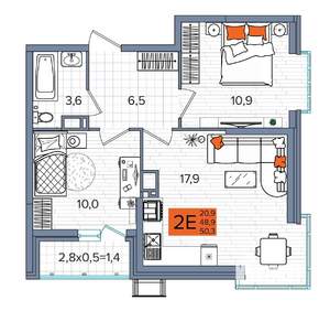 2-к квартира, сданный дом, 50м2, 16/16 этаж