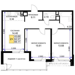 2-к квартира, вторичка, 68м2, 15/16 этаж