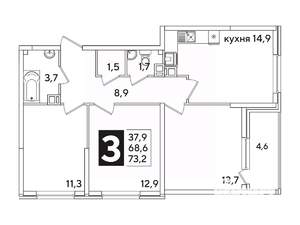 3-к квартира, вторичка, 73м2, 6/16 этаж