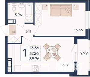 1-к квартира, вторичка, 39м2, 3/18 этаж