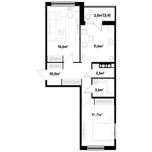 2-к квартира, строящийся дом, 60м2, 1/9 этаж