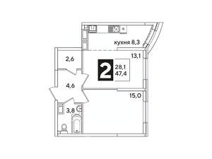 2-к квартира, вторичка, 47м2, 10/16 этаж