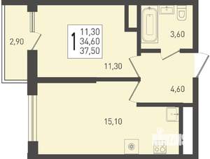 1-к квартира, строящийся дом, 38м2, 13/24 этаж