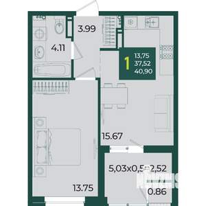 1-к квартира, вторичка, 41м2, 15/18 этаж
