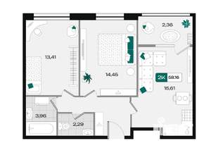 2-к квартира, вторичка, 58м2, 6/18 этаж