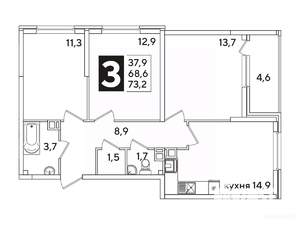 3-к квартира, вторичка, 73м2, 6/16 этаж