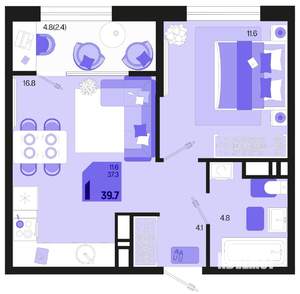 1-к квартира, вторичка, 40м2, 12/18 этаж