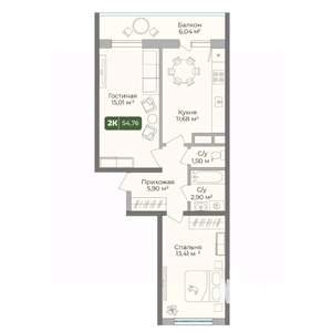 2-к квартира, вторичка, 55м2, 3/10 этаж