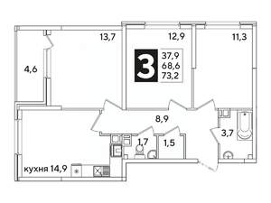 3-к квартира, вторичка, 73м2, 3/16 этаж