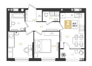 2-к квартира, строящийся дом, 50м2, 10/18 этаж